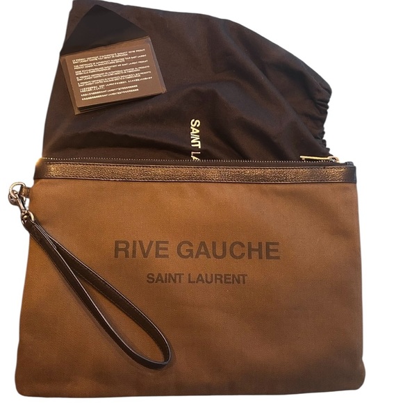 Yves Saint Laurent Rive Gauche Olive Canvas Clutch Bag Wrist Strap Dust Bag - Picture 1 of 6